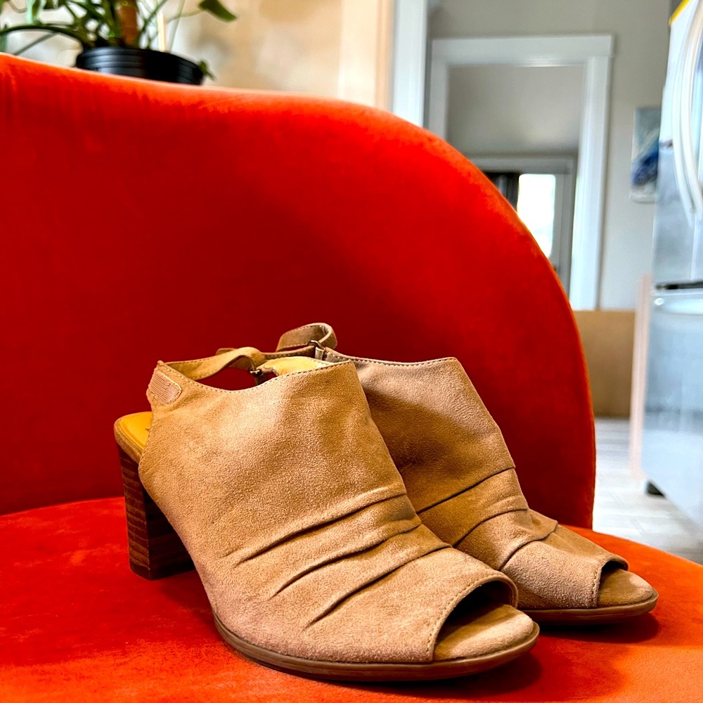 Naturalized Suede Open Toe Mules, Thick Heel
